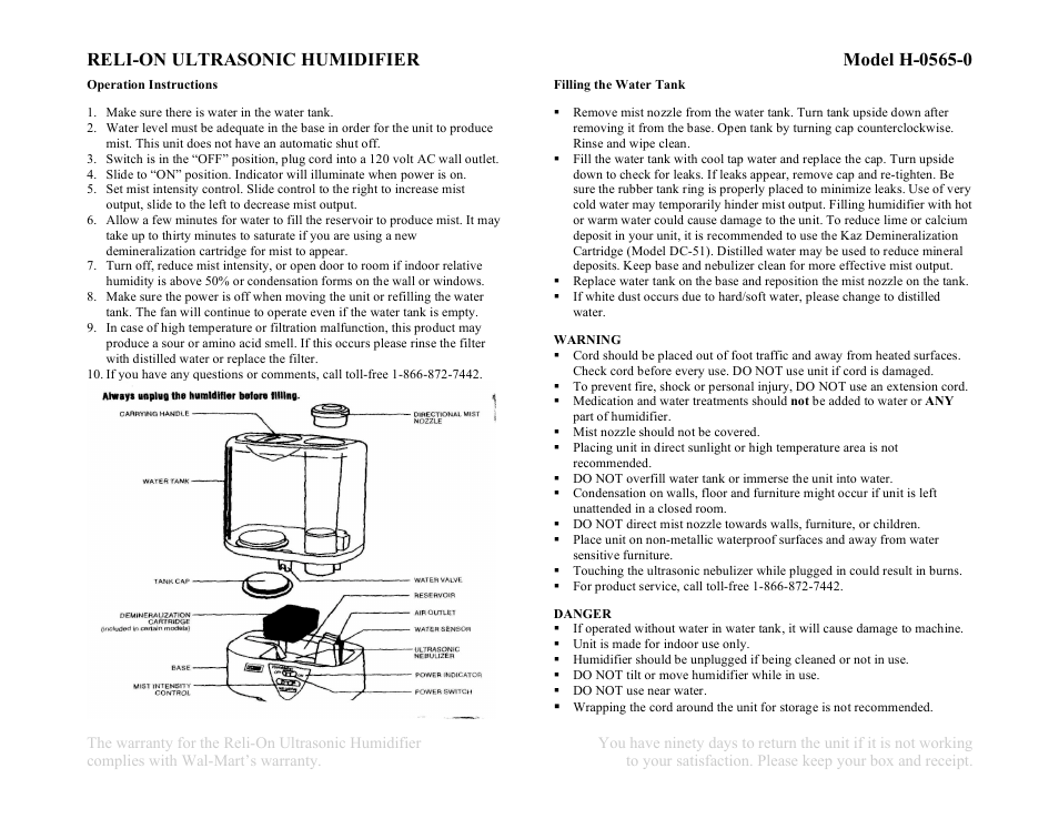ReliOn RELI-ON ULTRASONIC HUMIDIFIER Model H-0565-0 User Manual | 2 pages