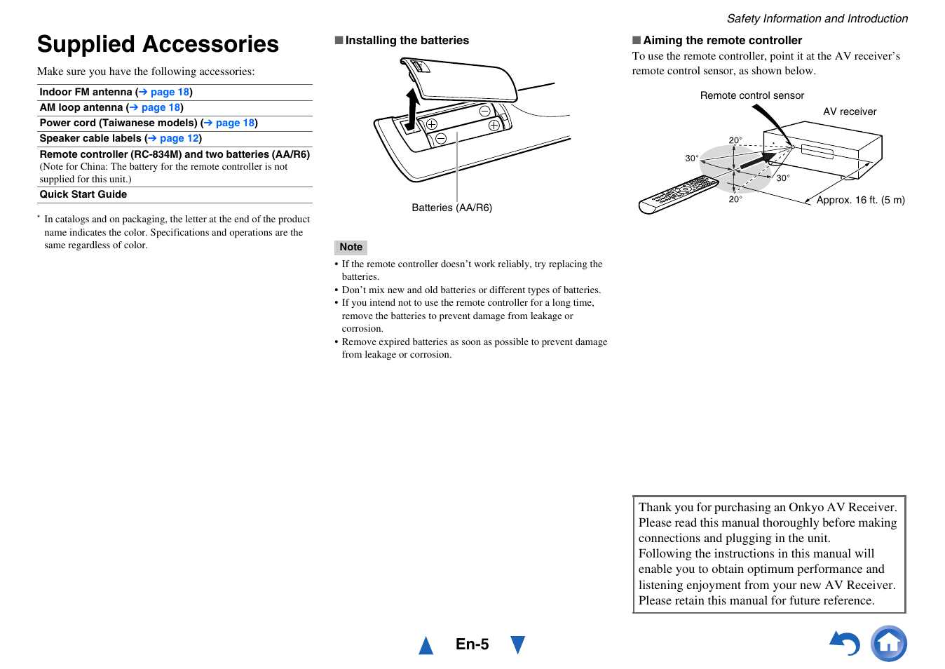 Supplied accessories, En-5 | Onkyo TX-NR414 User Manual | Page 5 / 128