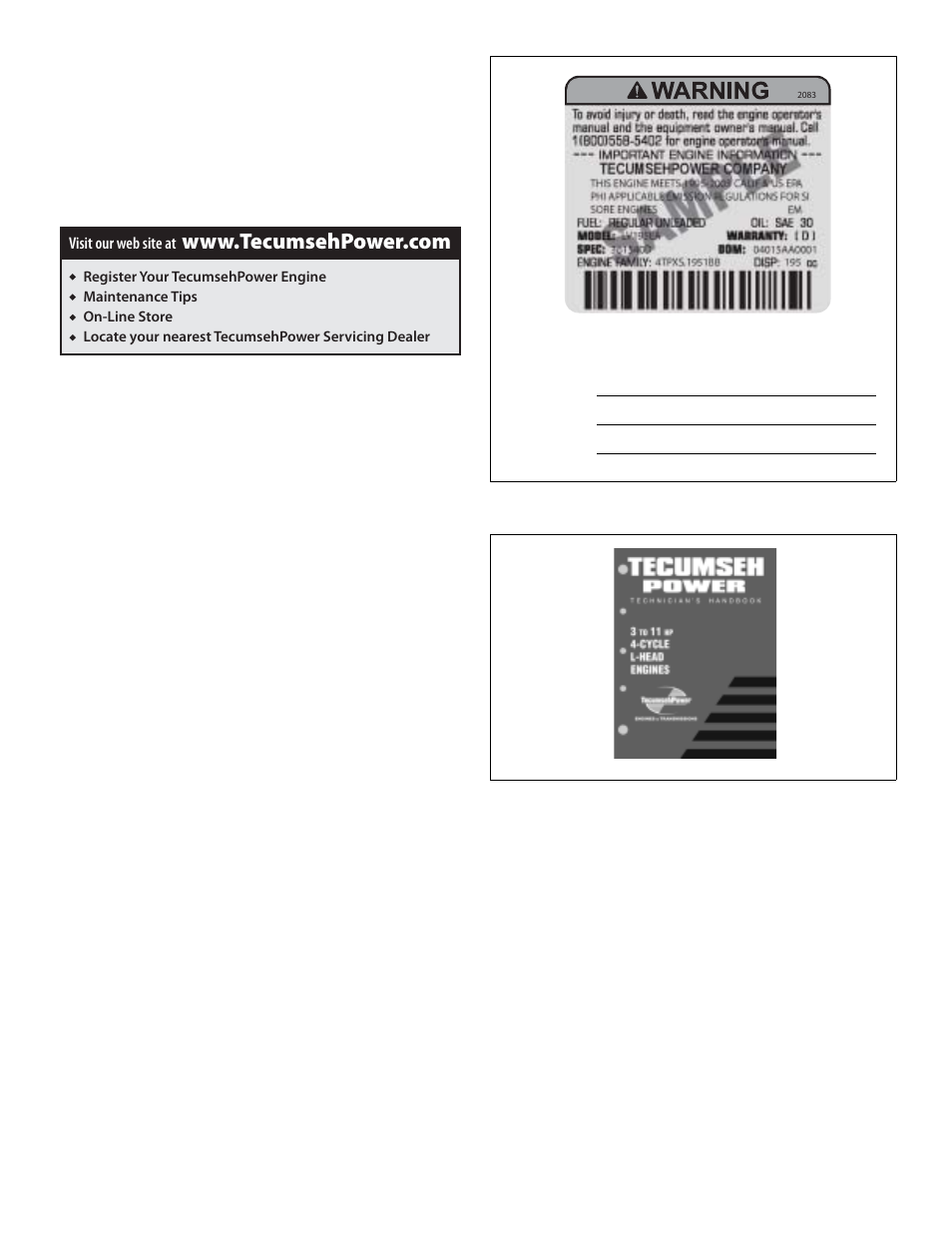 Ii. how to get service, A. engine identification decal, B. technician's handbook | Tecumseh LV156EA User Manual | Page 5 / 32