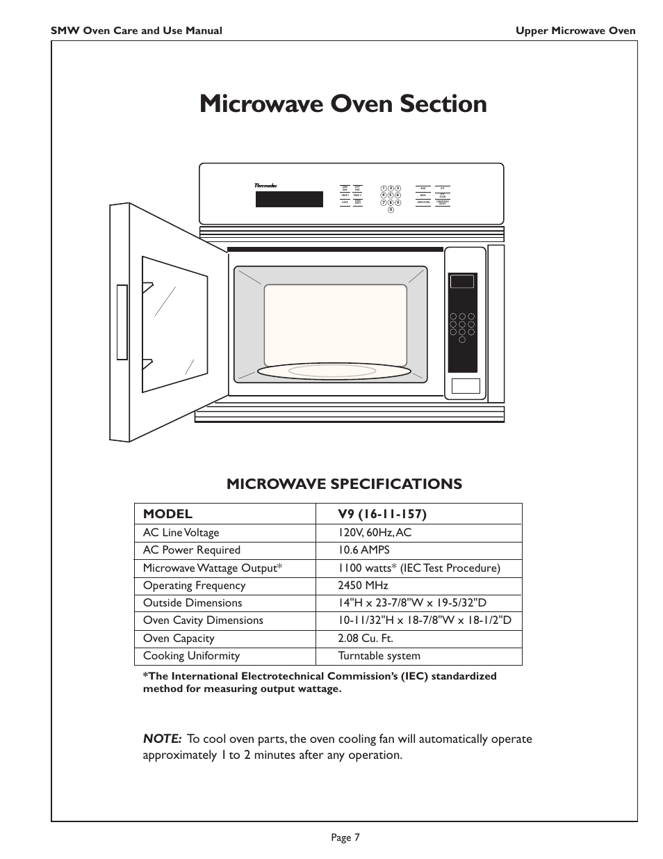 Microwave specifications, Smw oven care and use manual, Page 7 upper