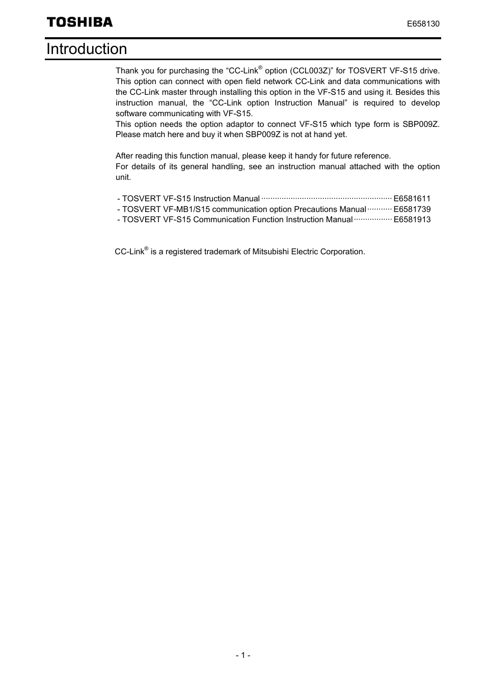 Introduction | Toshiba TOSVERT VF-S15 series option unit Function