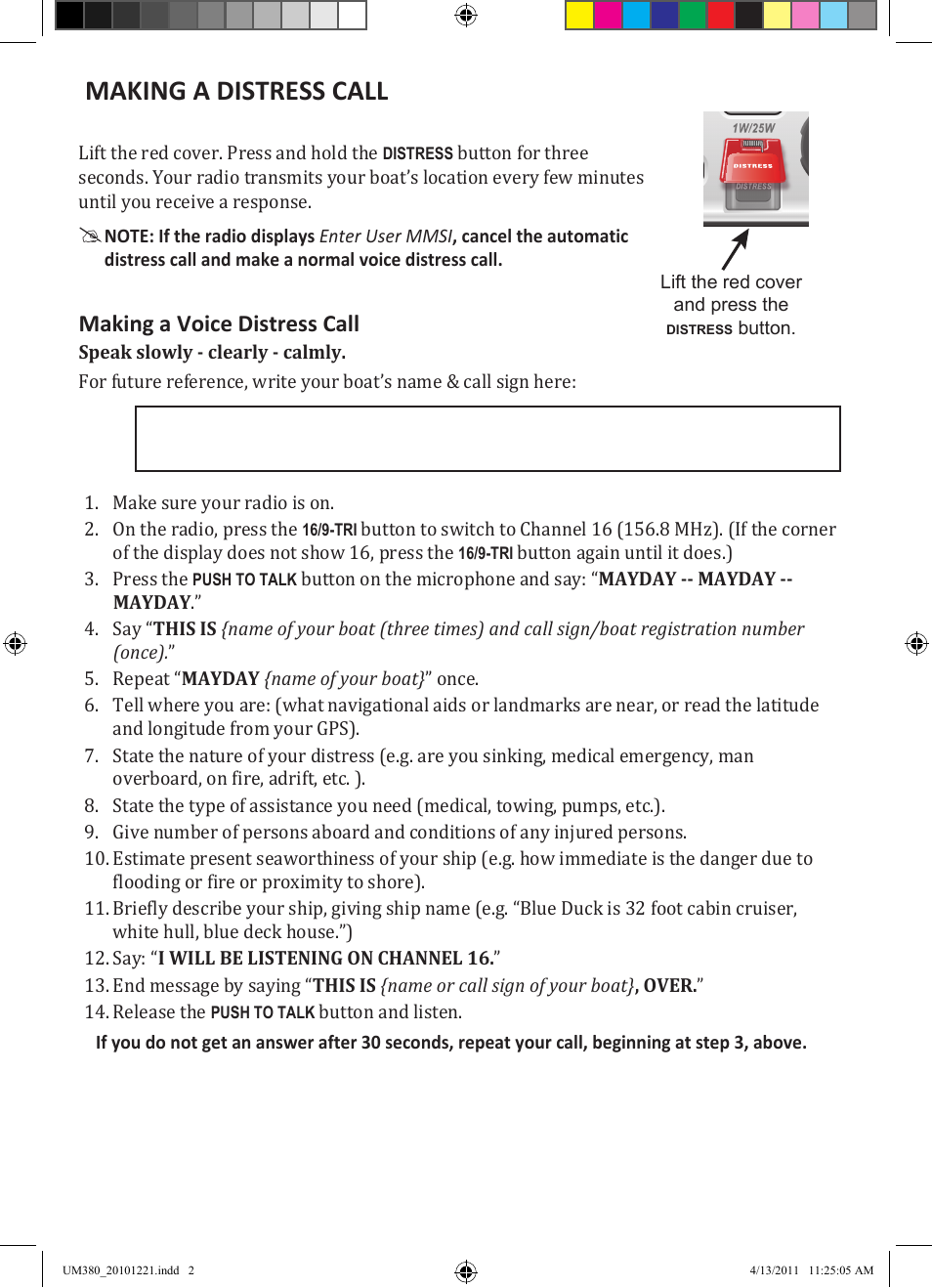 Making a distress call, Making a voice distress call | Uniden