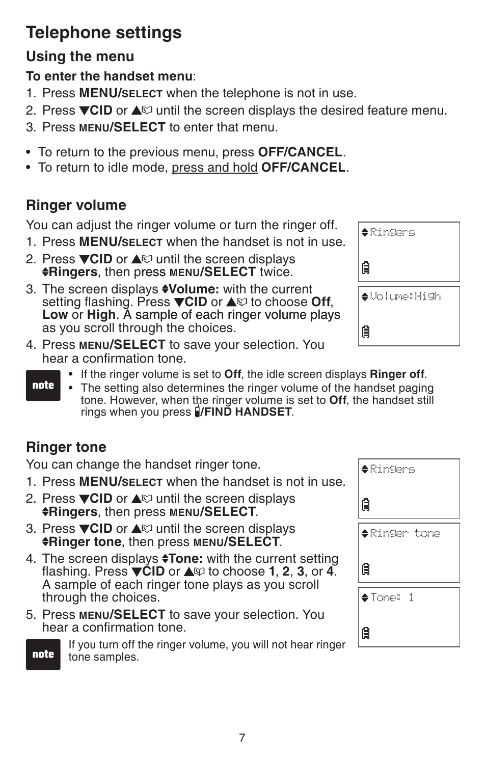 Telephone settings, Using the menu, Ringer volume | VTech CS6114 User
