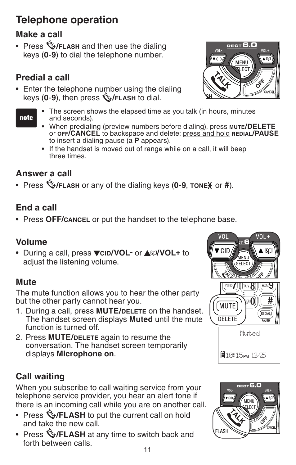 Telephone operation, Make a call, Predial a call | VTech DECT 6.0