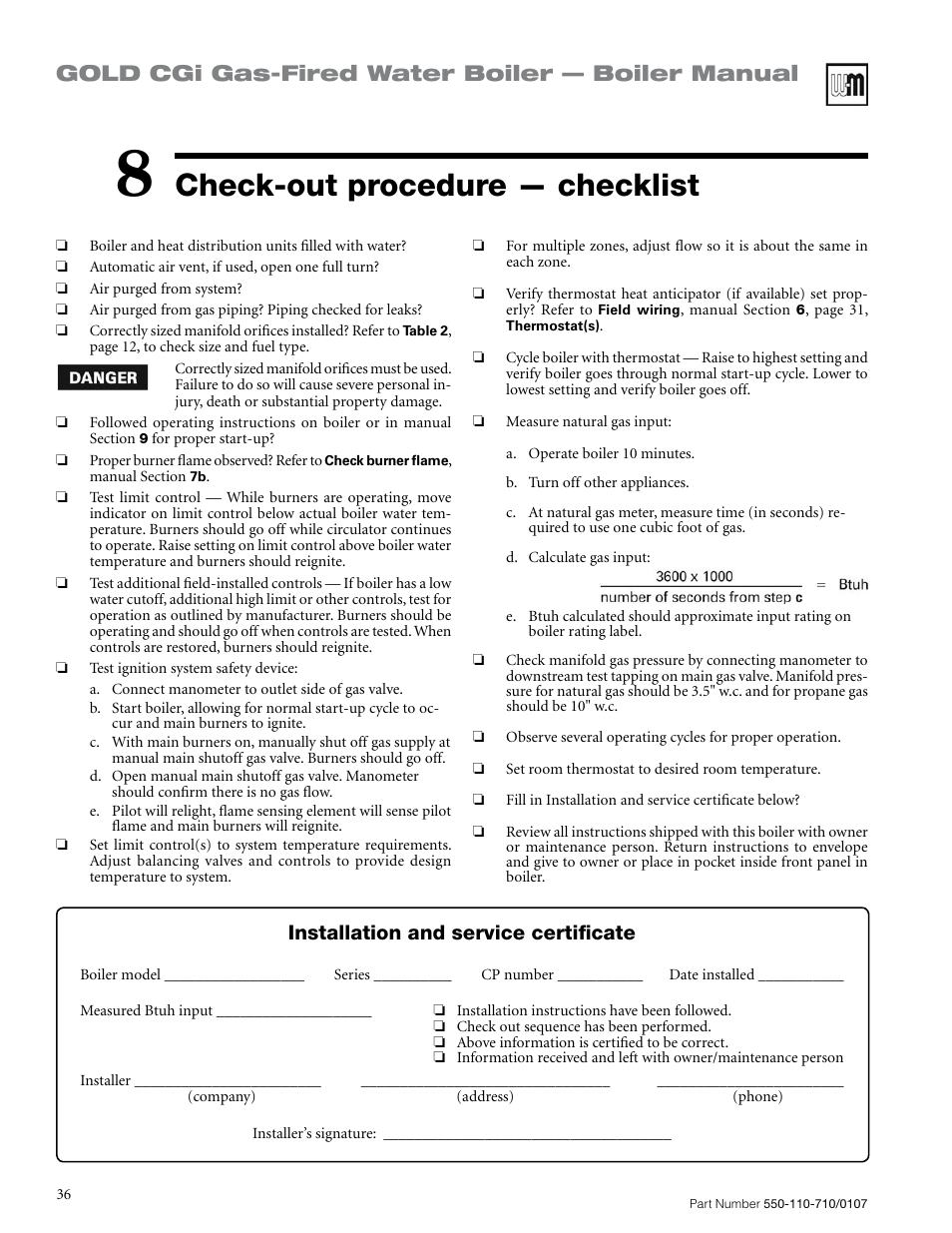 Check-out procedure — checklist, Gold cgi gas-fired water ...