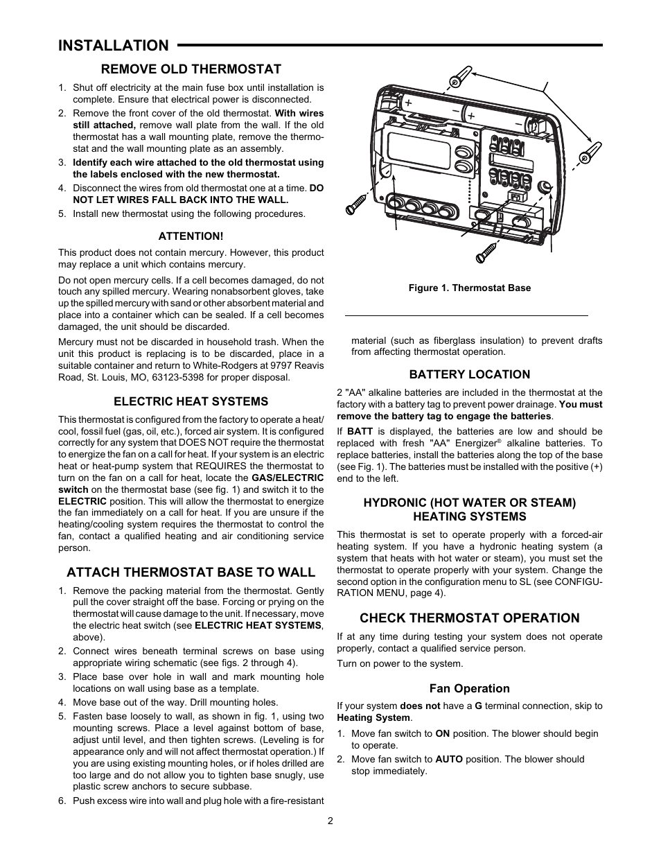 Installation, Remove old thermostat, Attach thermostat base to wall