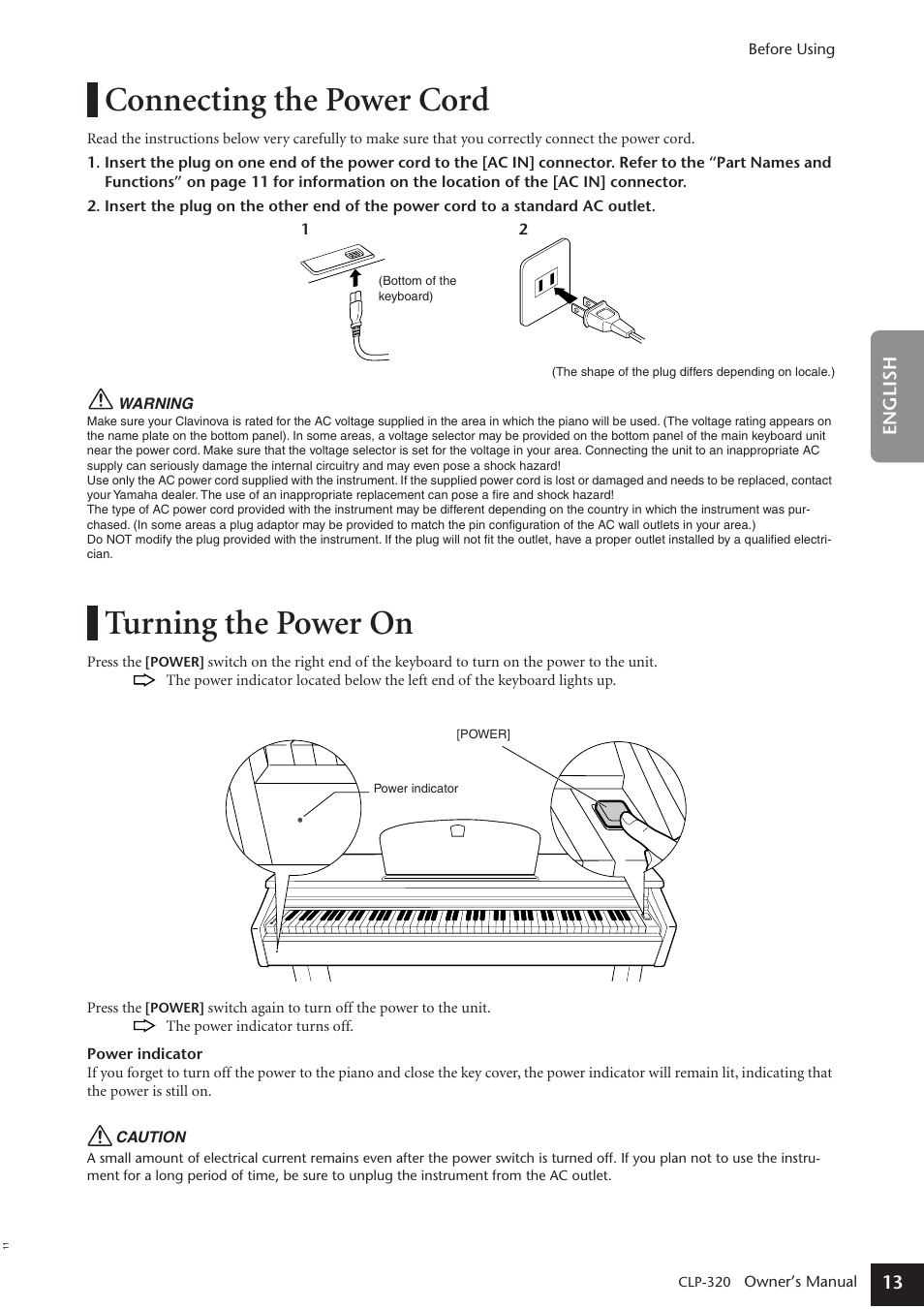 Connecting the power cord, Turning the power on | Yamaha Clavinova CLP