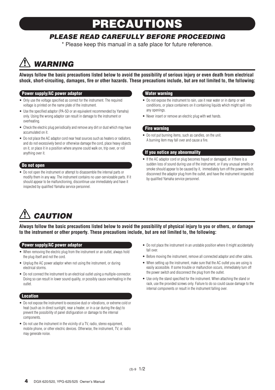 Precautions, Warning, Caution | Yamaha DGX-520 User Manual | Page 4 / 142