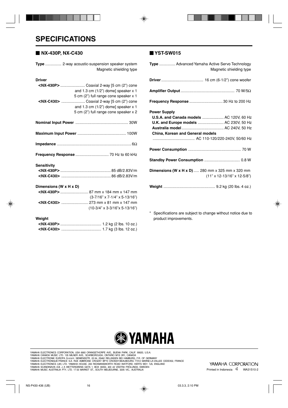 Specifications | Yamaha HTR-5940 User Manual | Page 131 / 131