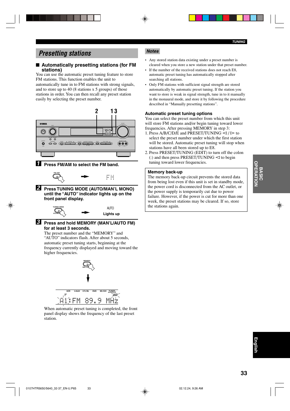 Presetting stations, A1: fm 89.9 mhz | Yamaha HTR 5650 User Manual