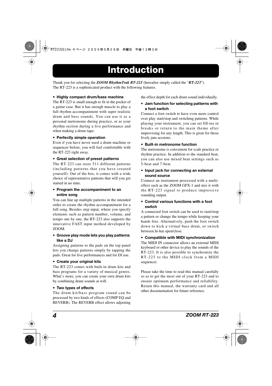 Introduction | Zoom RT-223 User Manual | Page 4 / 88