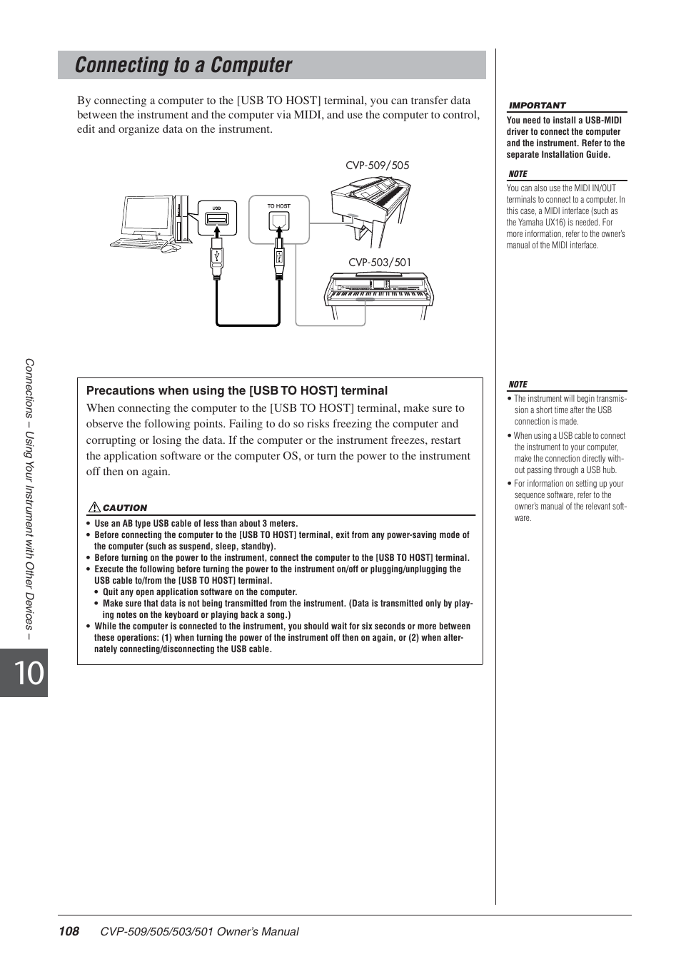 Connecting to a computer | Yamaha CLAVINOVA CVP-505 User Manual | Page