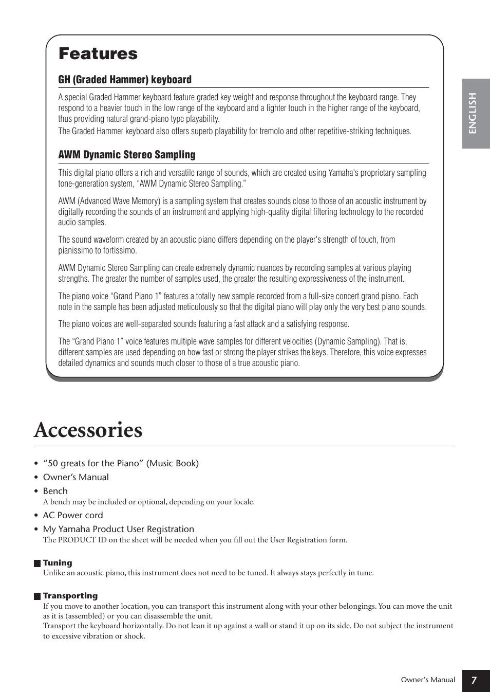 Accessories, Features | Yamaha ARIUS YDP-181 User Manual | Page 7 / 70