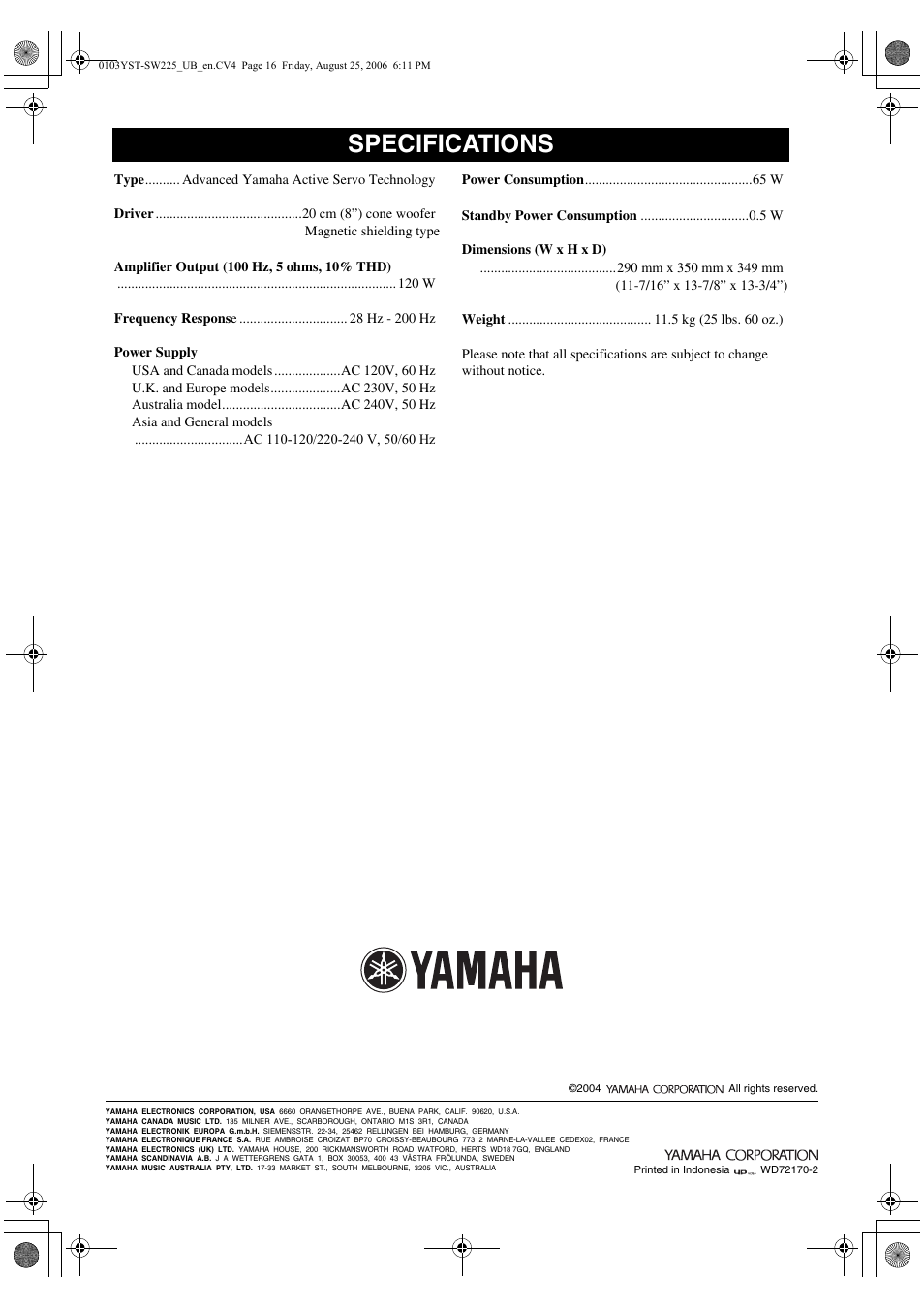 Specifications | Yamaha YST-SW225 User Manual | Page 20 / 20