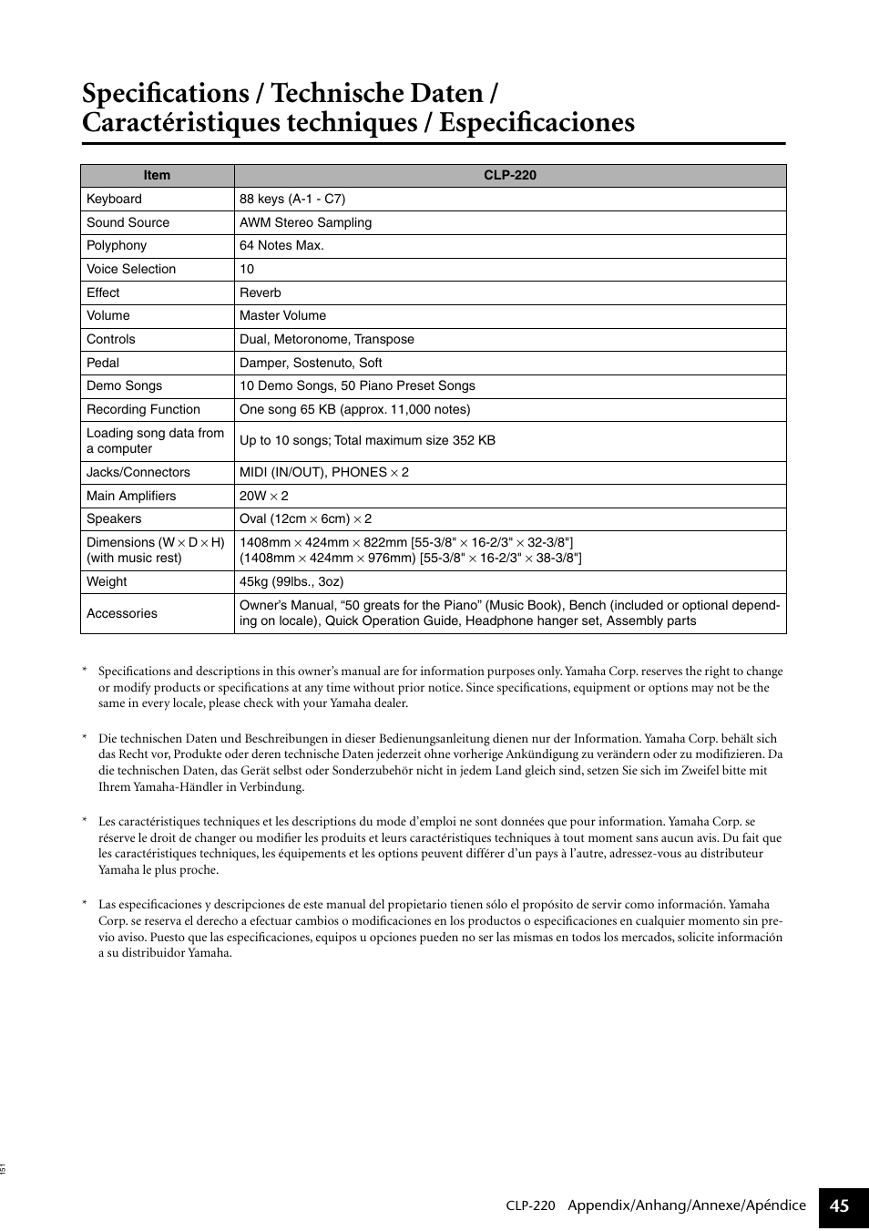 Specifications | Yamaha CLP-220 User Manual | Page 45 / 50