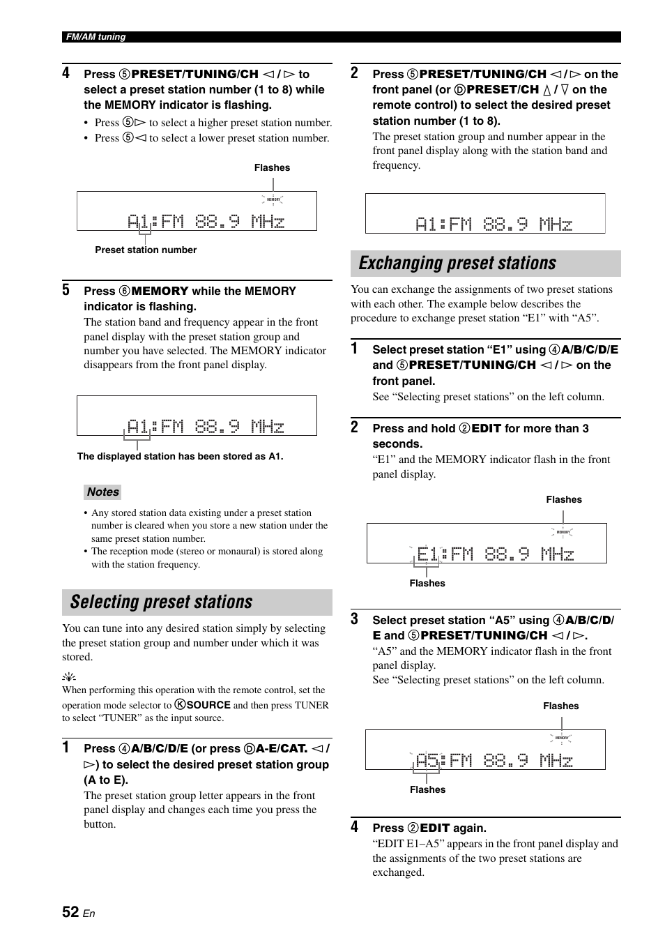 Selecting preset stations, Exchanging preset stations, 52 fo | Yamaha