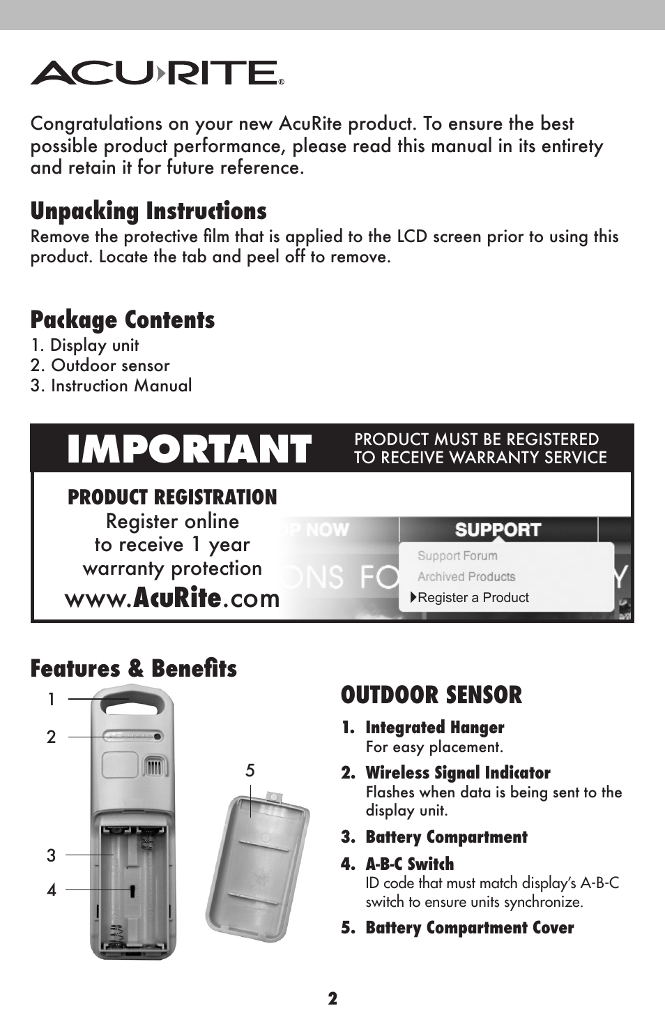 Important, Unpacking instructions, Package contents | AcuRite 75107