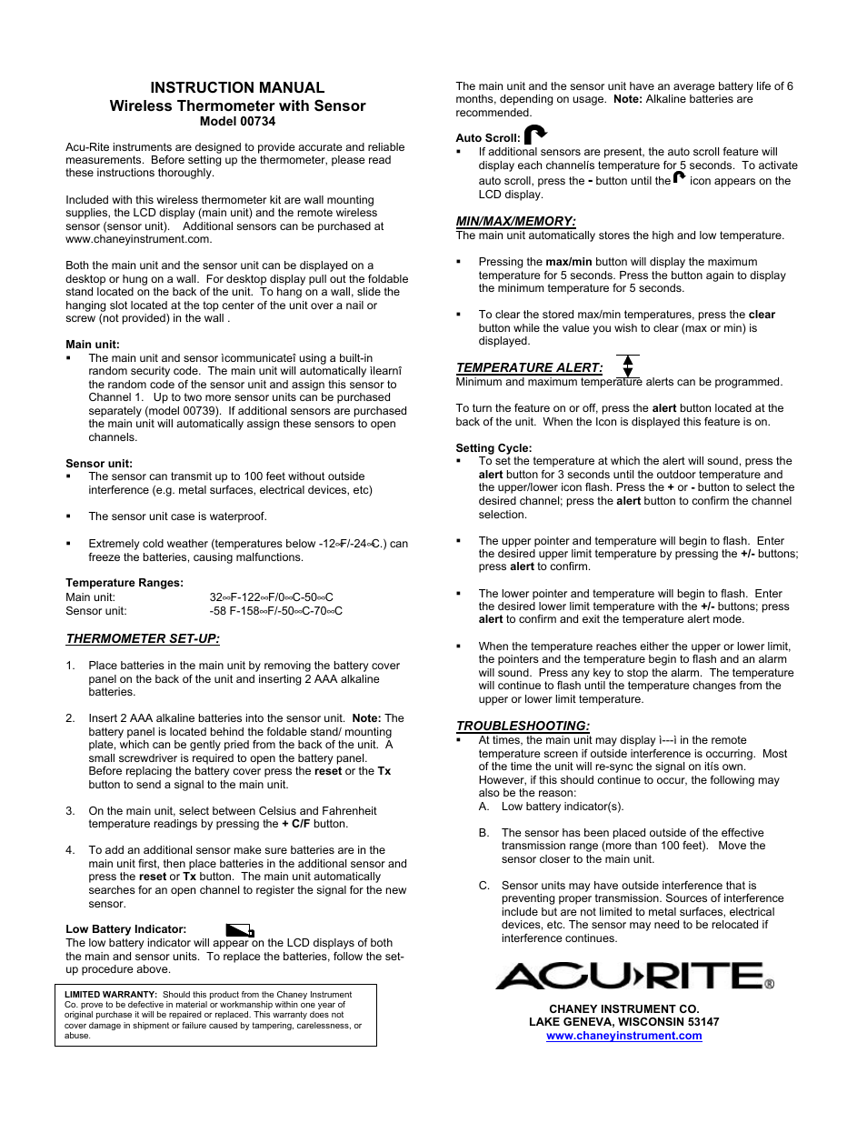 AcuRite 00734 Thermometer User Manual | 1 page