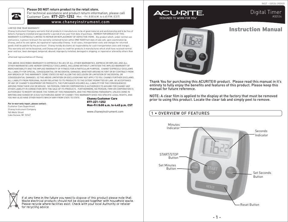 AcuRite 00534 Timer User Manual | 2 pages