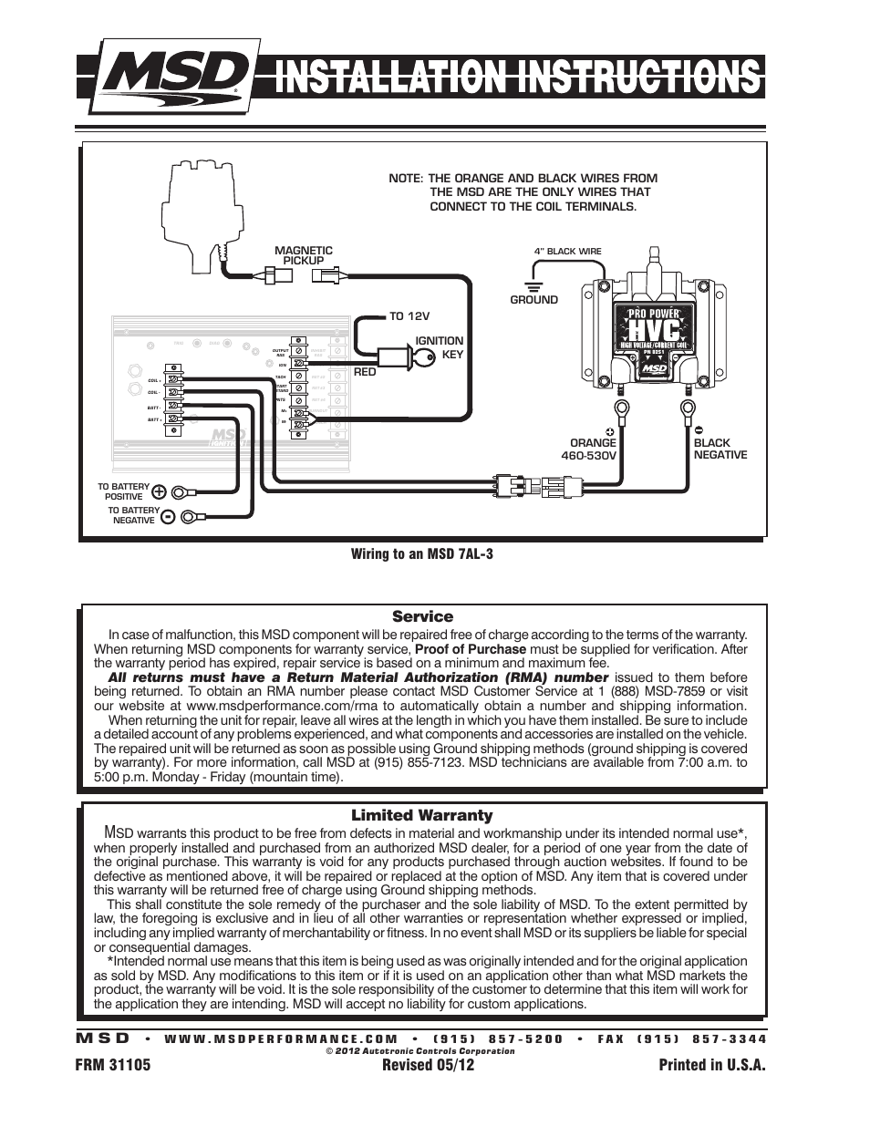 Limited warranty, Service, Wiring to an msd 7al-3 | MSD 8251 Pro Power