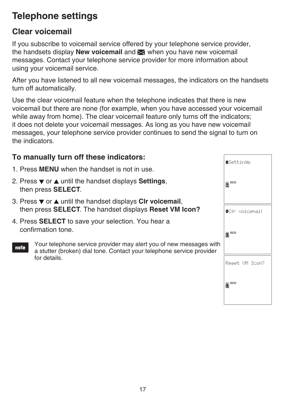 Clear voicemail, Telephone settings | VTech CS6829 Manual User Manual