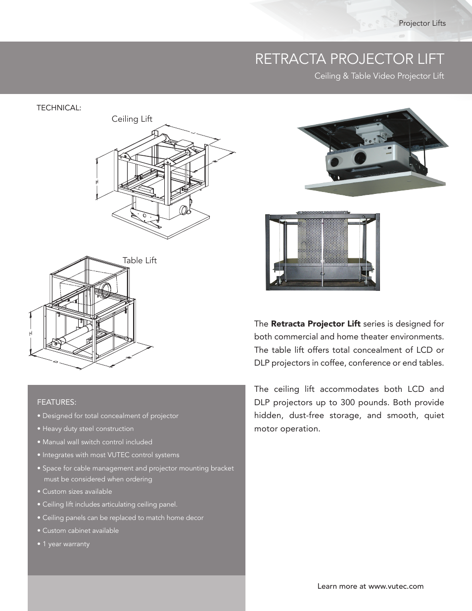 Vutec Retracta Projector Lift Product Sheet User Manual 1 Page