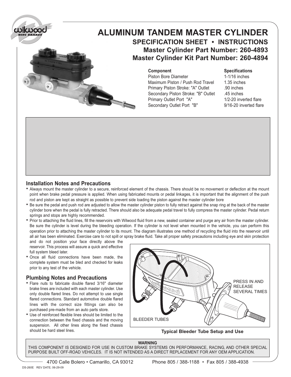 Wilwood Master Cylinder Bore Size Chart