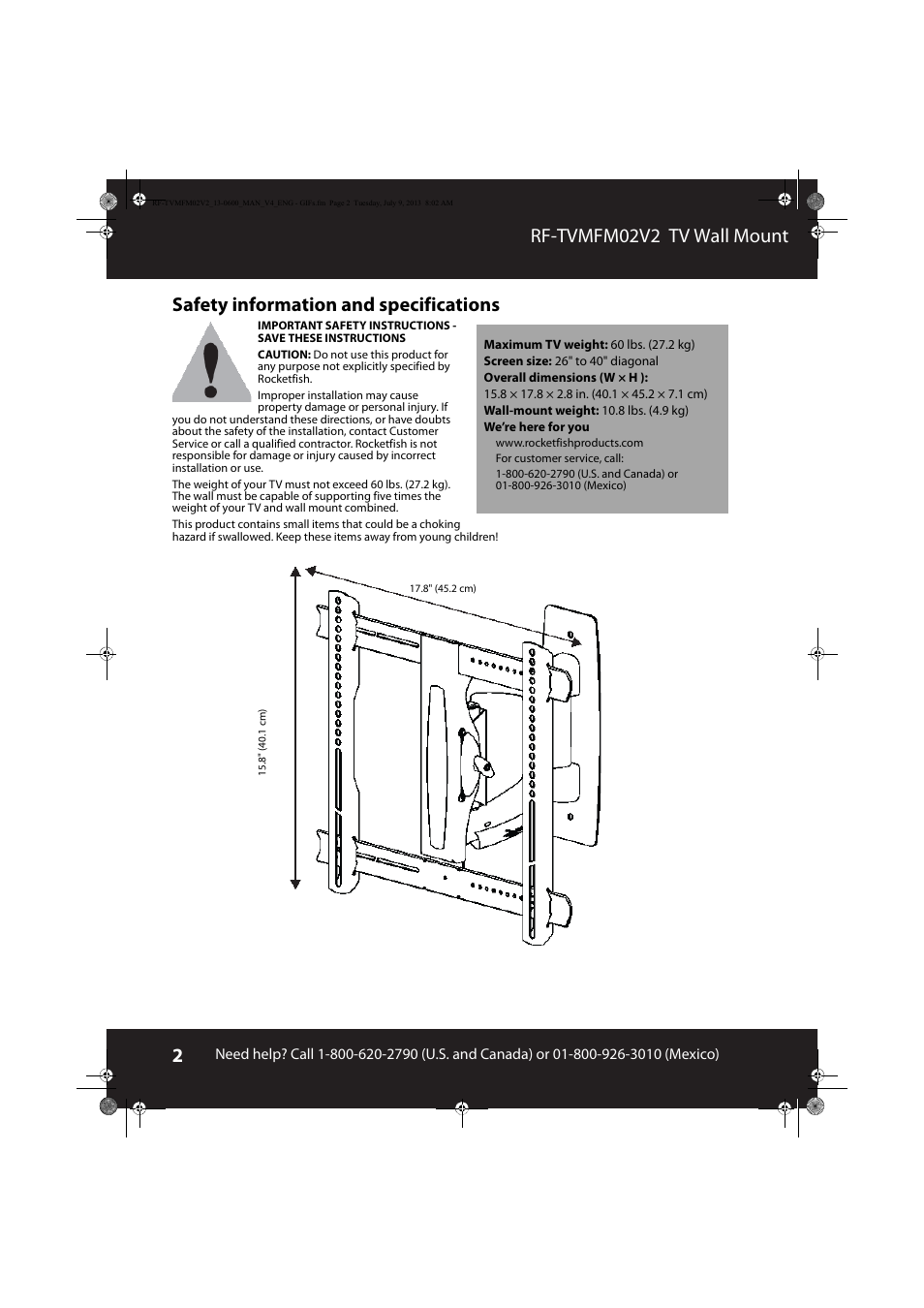 Safety information and specifications | RocketFish RF-TVMFM02 - User