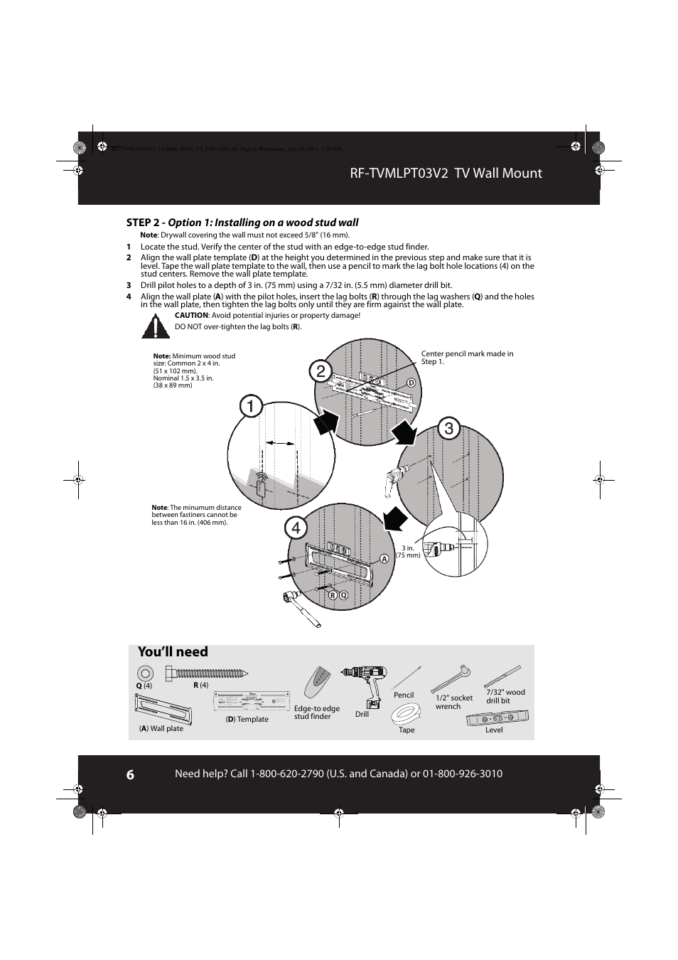 Rf-tvmlpt03v2 tv wall mount, You’ll need | RocketFish RF-TVMLPT03