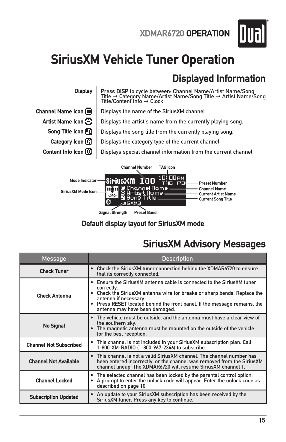 Siriusxm vehicle tuner operation, Displayed information, Siriusxm