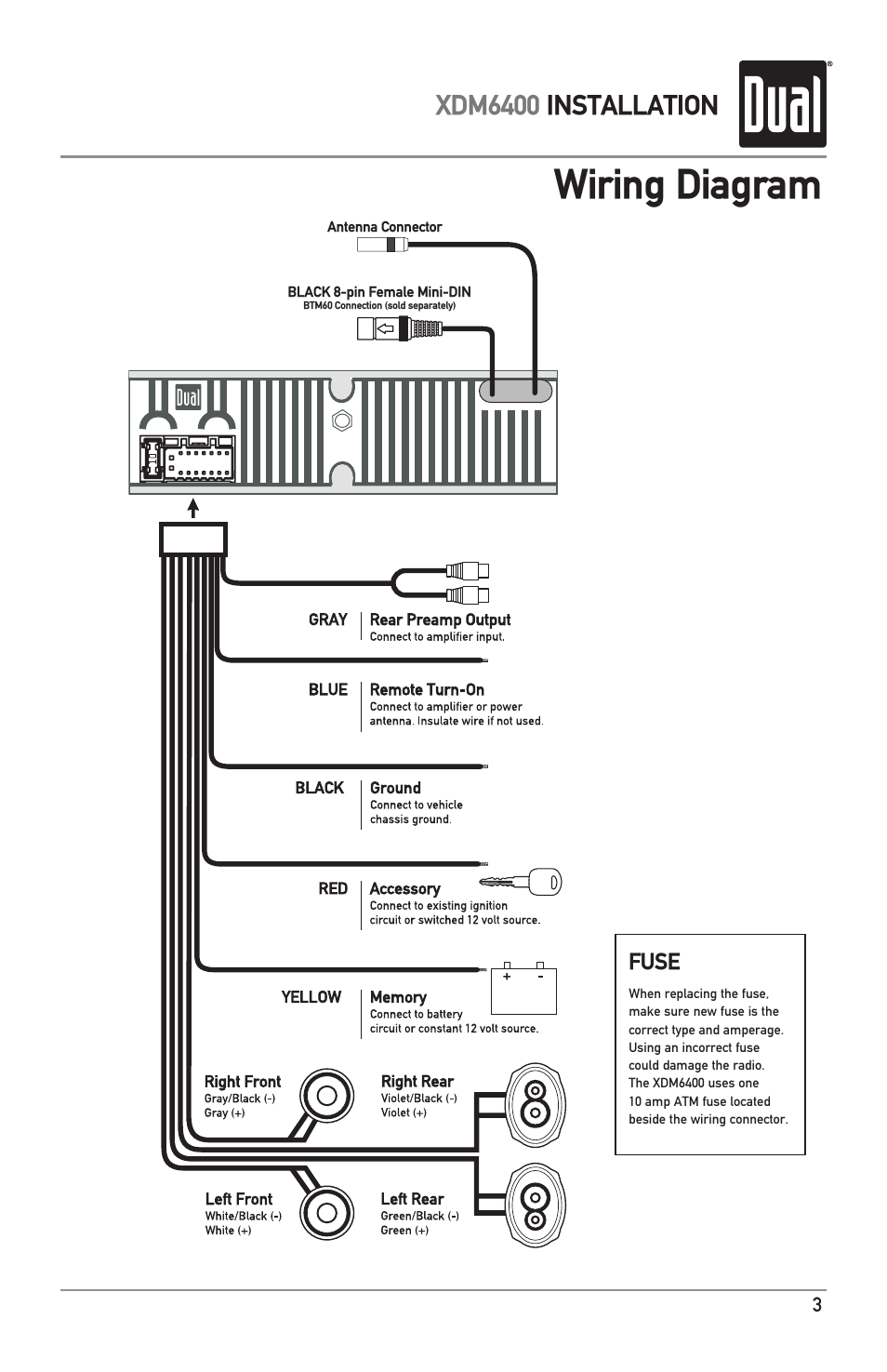Wiring diagram, Xdm6400 installation | Dual Electronics XDM6400 User