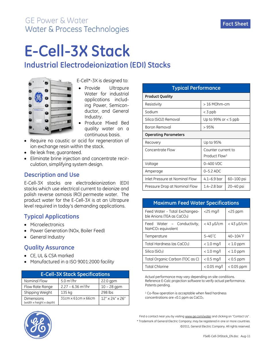 GE P&W Electrodeionization (EDI) - E-Cell-3X Stack User Manual | 2 pages