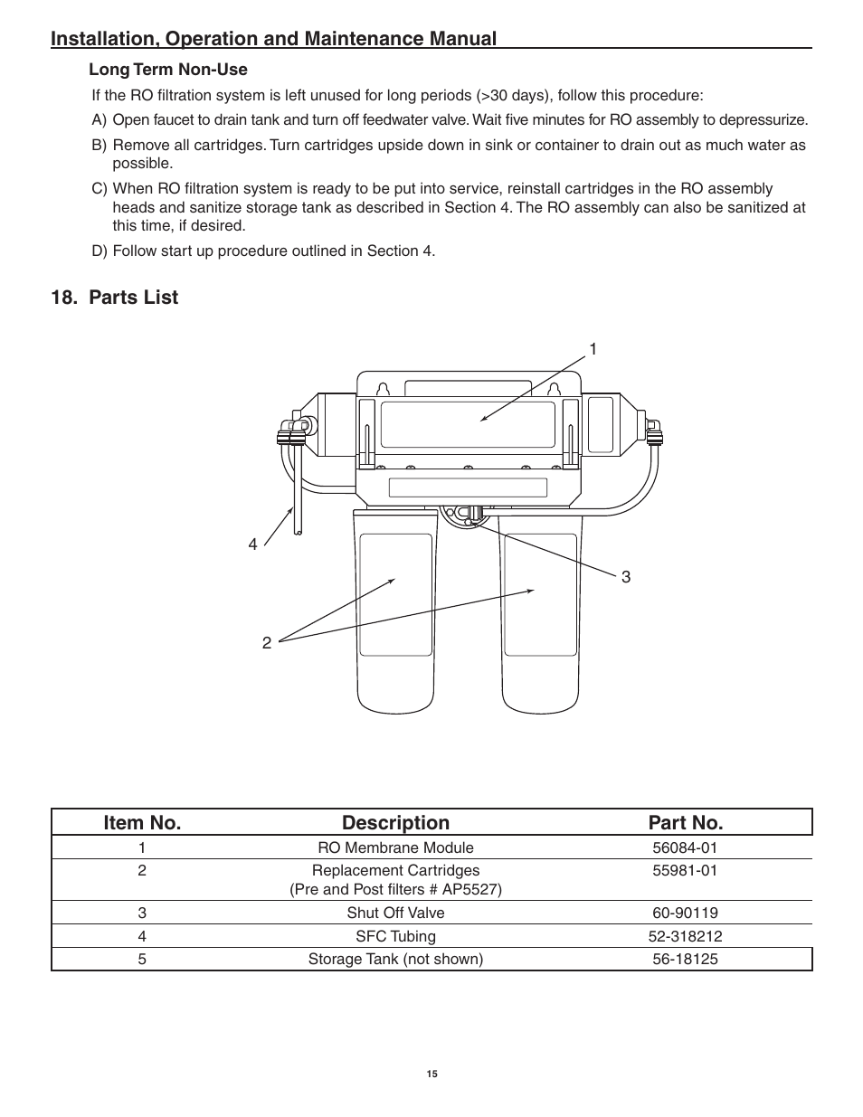 Installation, operation and maintenance manual, Parts list item no