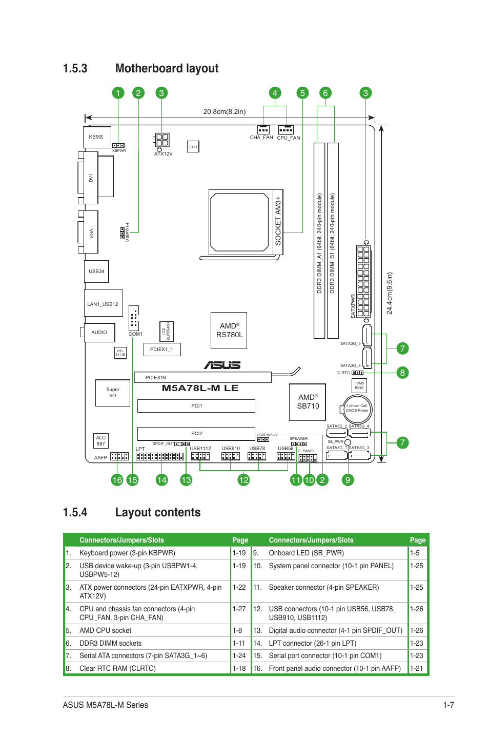 3 motherboard layout, 4 layout contents, Motherboard layout -7 | Asus