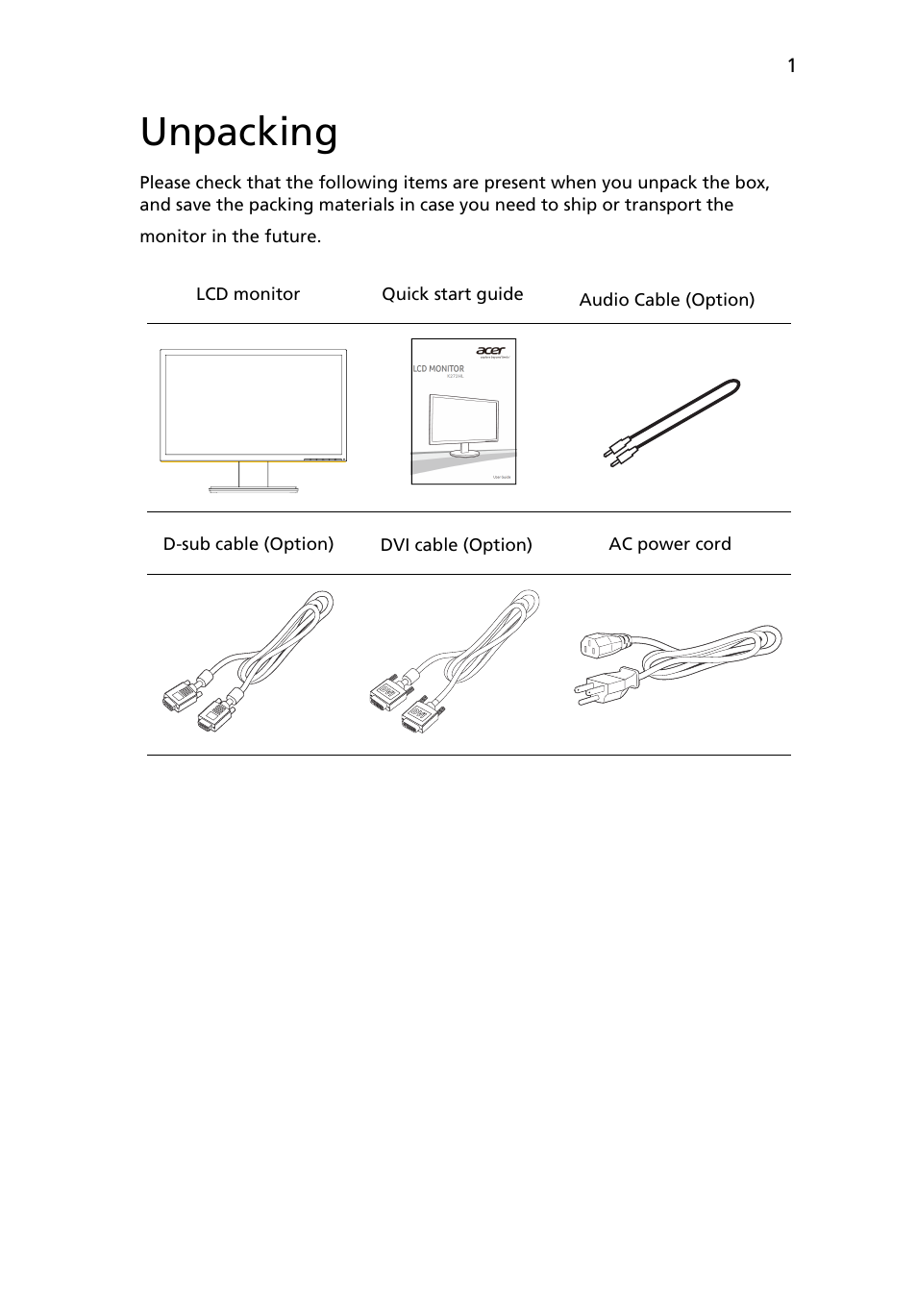 Unpacking | Acer K272HL User Manual | Page 13 / 27