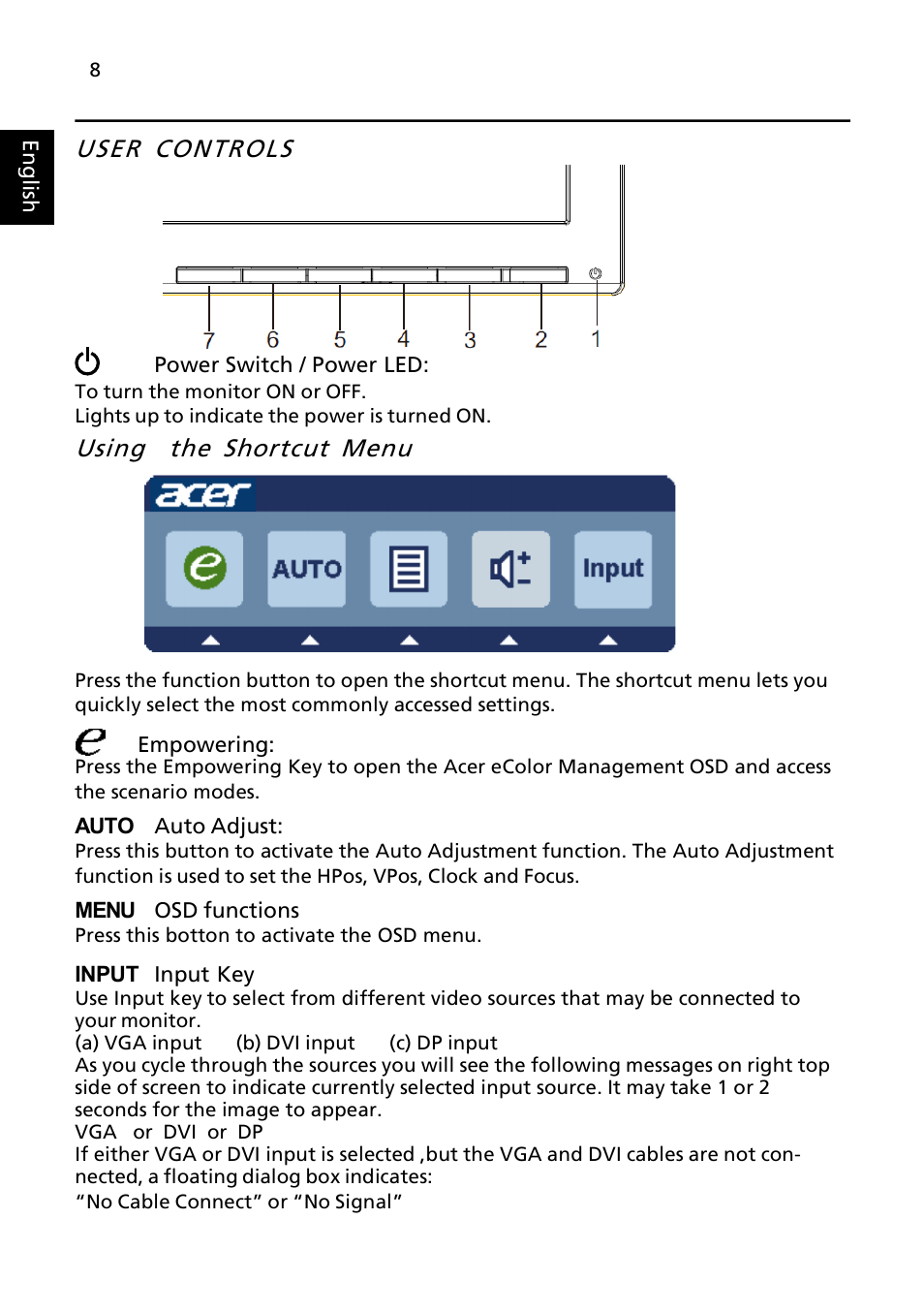 User controls, Using the shortcut menu | Acer V246HL User Manual | Page
