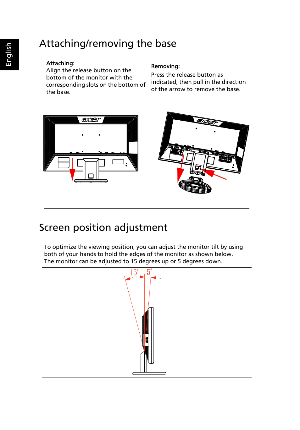 Attaching/removing the base, Screen position adjustment | Acer V243H