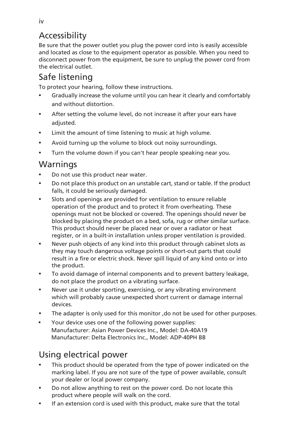 Accessibility, Safe listening, Warnings | Acer G246HL User Manual