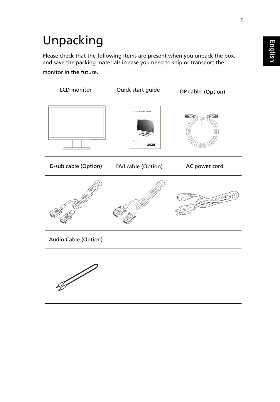 Unpacking | Acer V226WL User Manual | Page 13 / 27