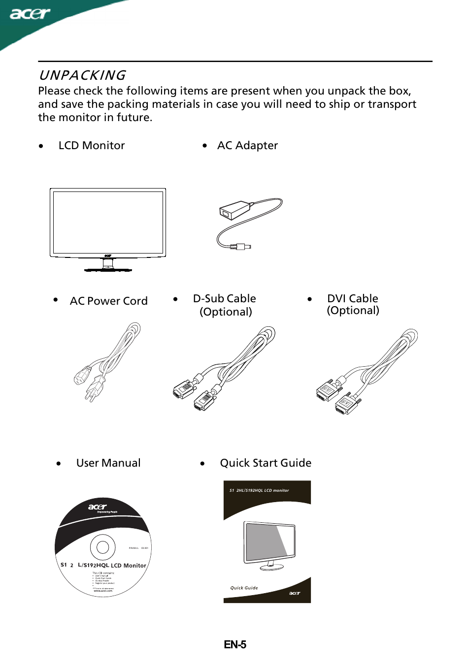 Unpacking, En-5 · lcd monitor, Optional) | Acer S182HL User Manual