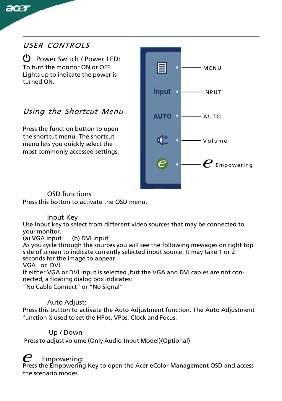 User controls, Using the shortcut menu | Acer H203H User Manual | Page