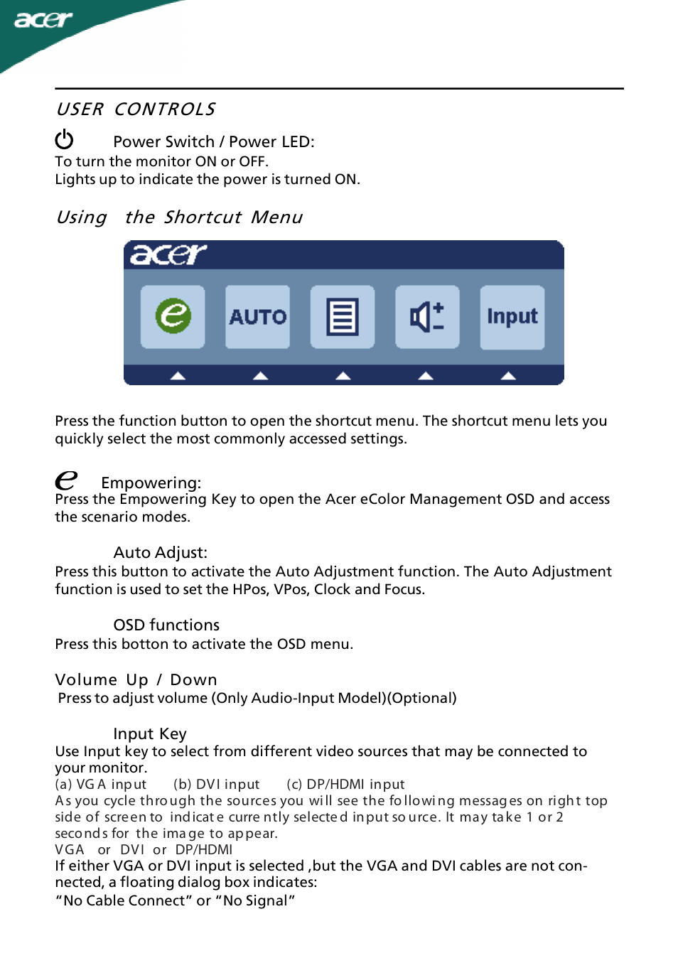 User controls, Using the shortcut menu | Acer P226HQV User Manual
