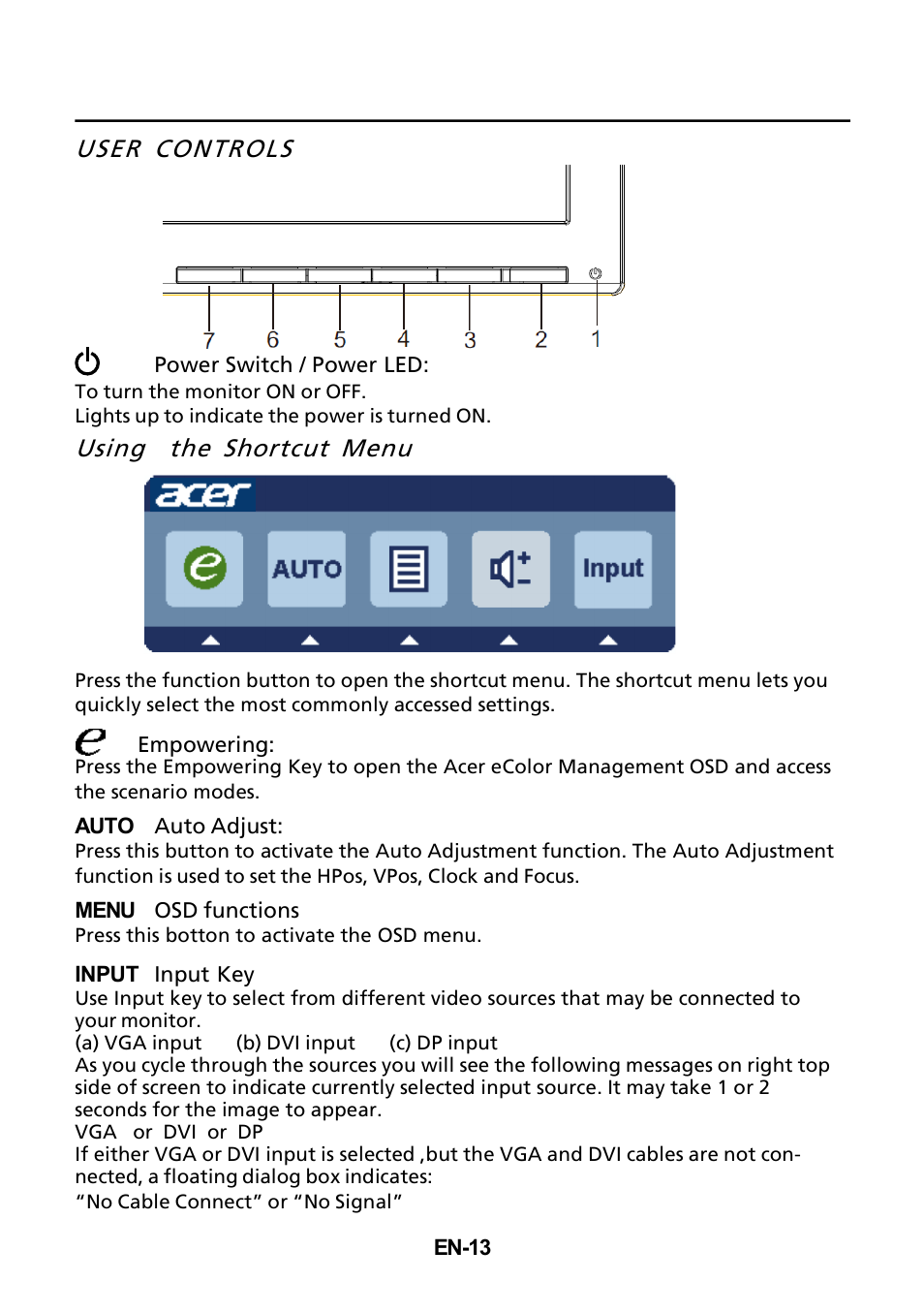 User controls, Using the shortcut menu | Acer B246HL User Manual | Page