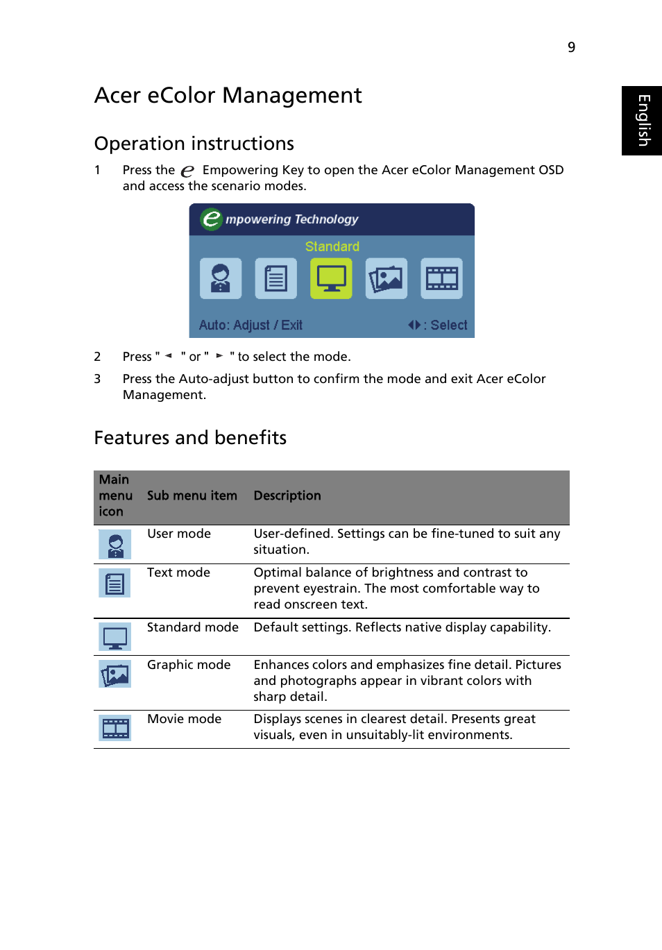 Users controls, Front panel controls, Acer ecolor management | Acer