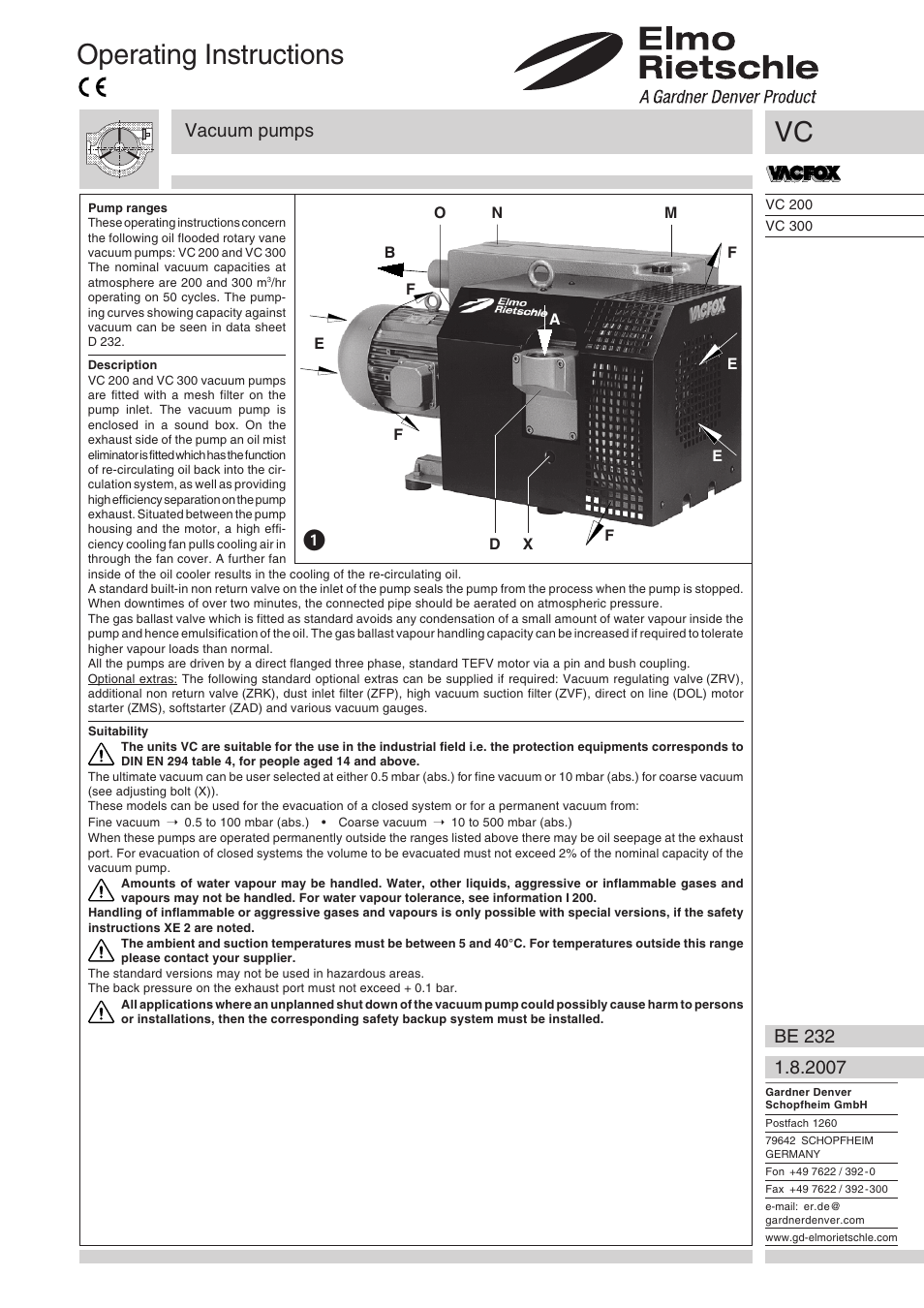 English, Operating instructions, Vacuum pumps | Elmo Rietschle VC 200