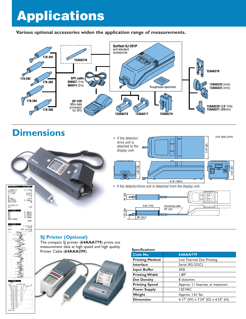 Applications, Dimensions | Atec Mitutoyo-SJ-201P User Manual | Page 3 / 6