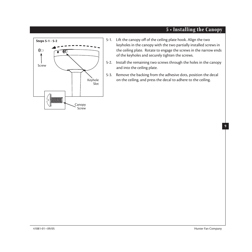 5 • installing the canopy | Hunter 23252 44 Baseball Fan User Manual