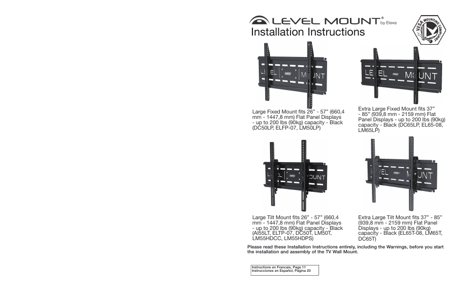 Level Mount DC65T User Manual | 16 pages | Also for: LM65T, EL65T-08