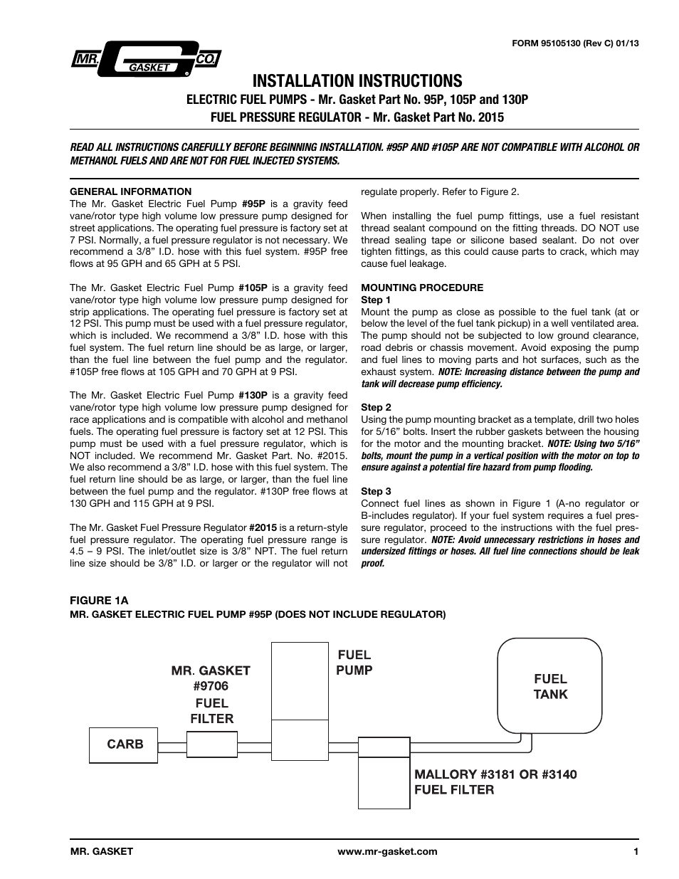 Mr Gasket 95p Electric Fuel Pumps User Manual 4 Pages Also For Crusader Fuel Pump Wiring Diagram Mr Gasket Electric Fuel Pump Wiring Diagram