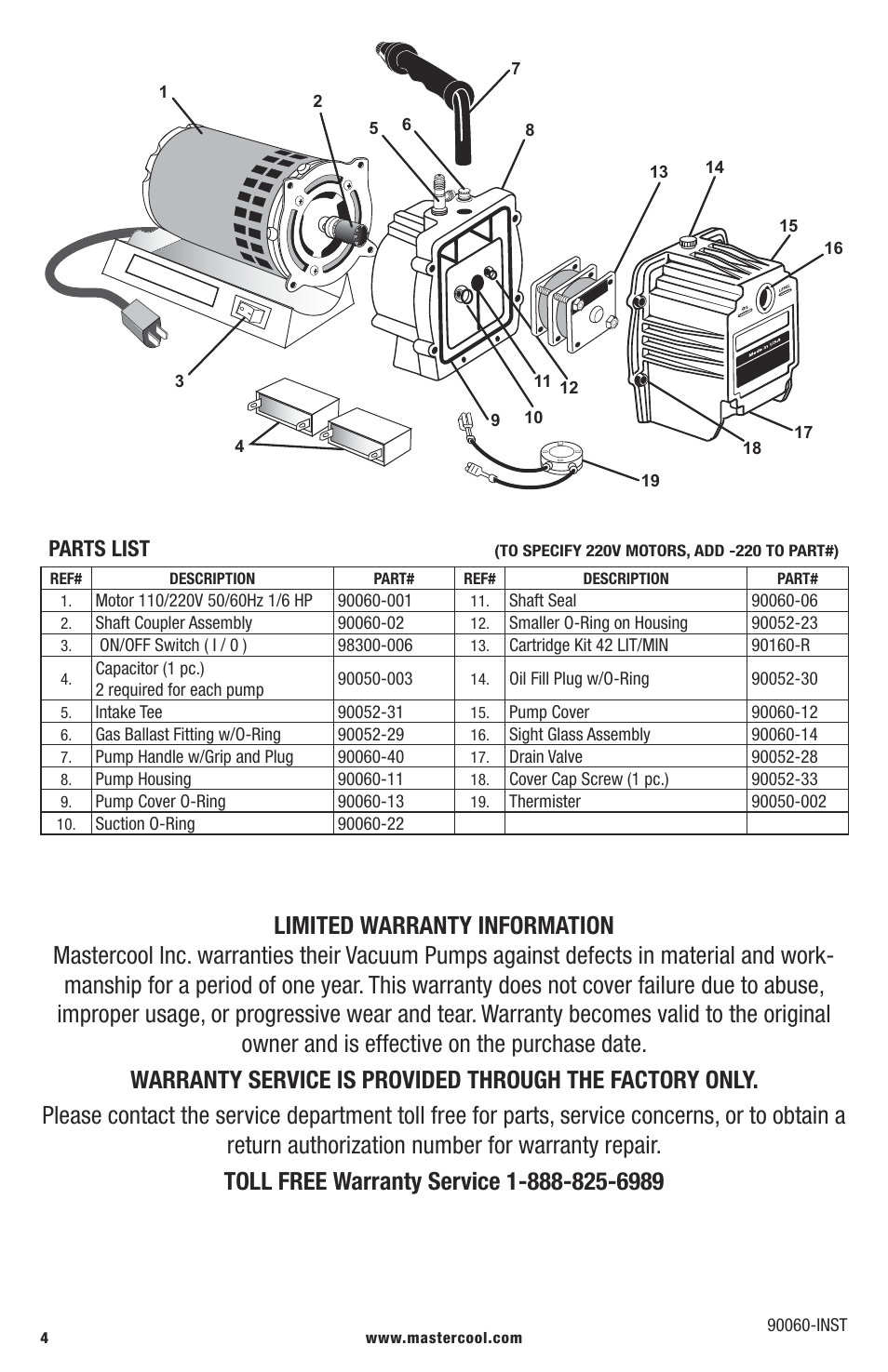 Parts list | Mastercool 90060 1.5 CFM VACUUM PUMP (TWO STAGE) User